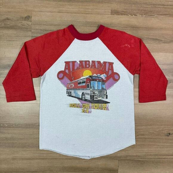 Vintage 1984 Alabama Roll On Tour Graphic Raglan Band Tee Gray Red Retro Country - Picture 1 of 7